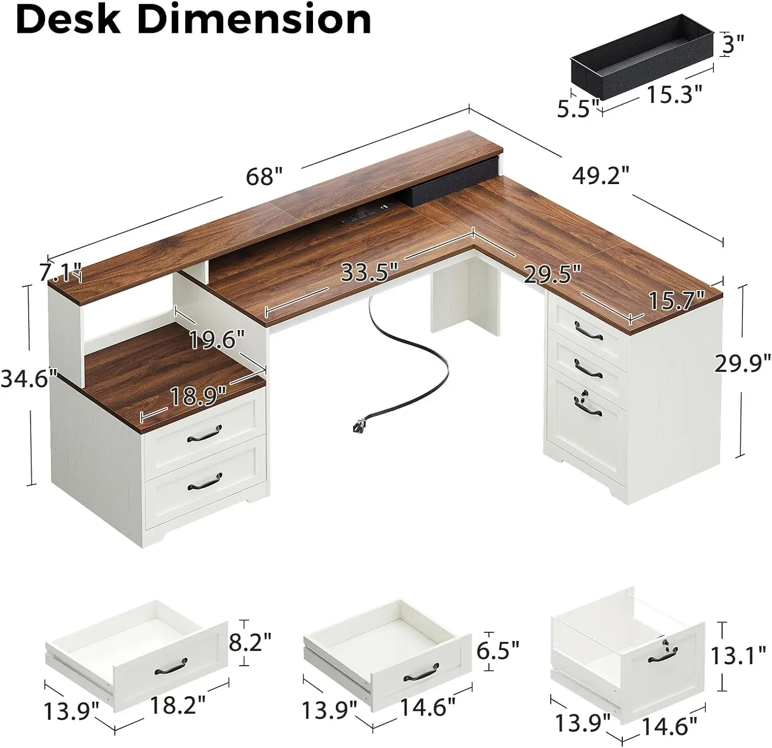 Farmhouse 68 Inch L Shaped Executive Desk with Drawers, Walnut+White