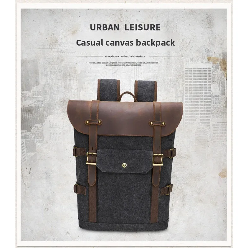

Retro leather buckle canvas bag, waterproof computer bag, durable and breathable backpack for double-shoulder carrying.