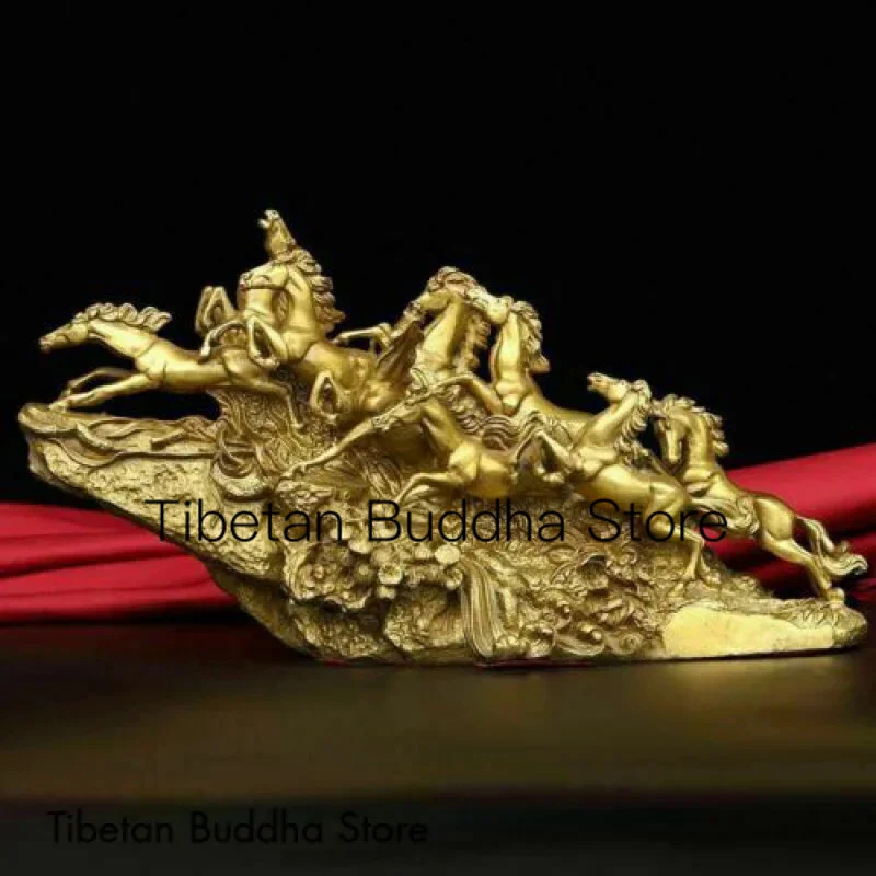 

13"China Chinese Brass Copper Fengshui Auspicious 9 nine Horse Horses Statue