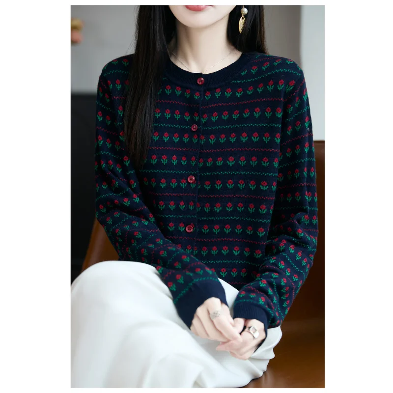 المرأة مكتب تنوعا زهرة صغيرة الصوف سترة أنيقة موضة تريكو ربيع الخريف جديد الحد الأدنى سترة سترة