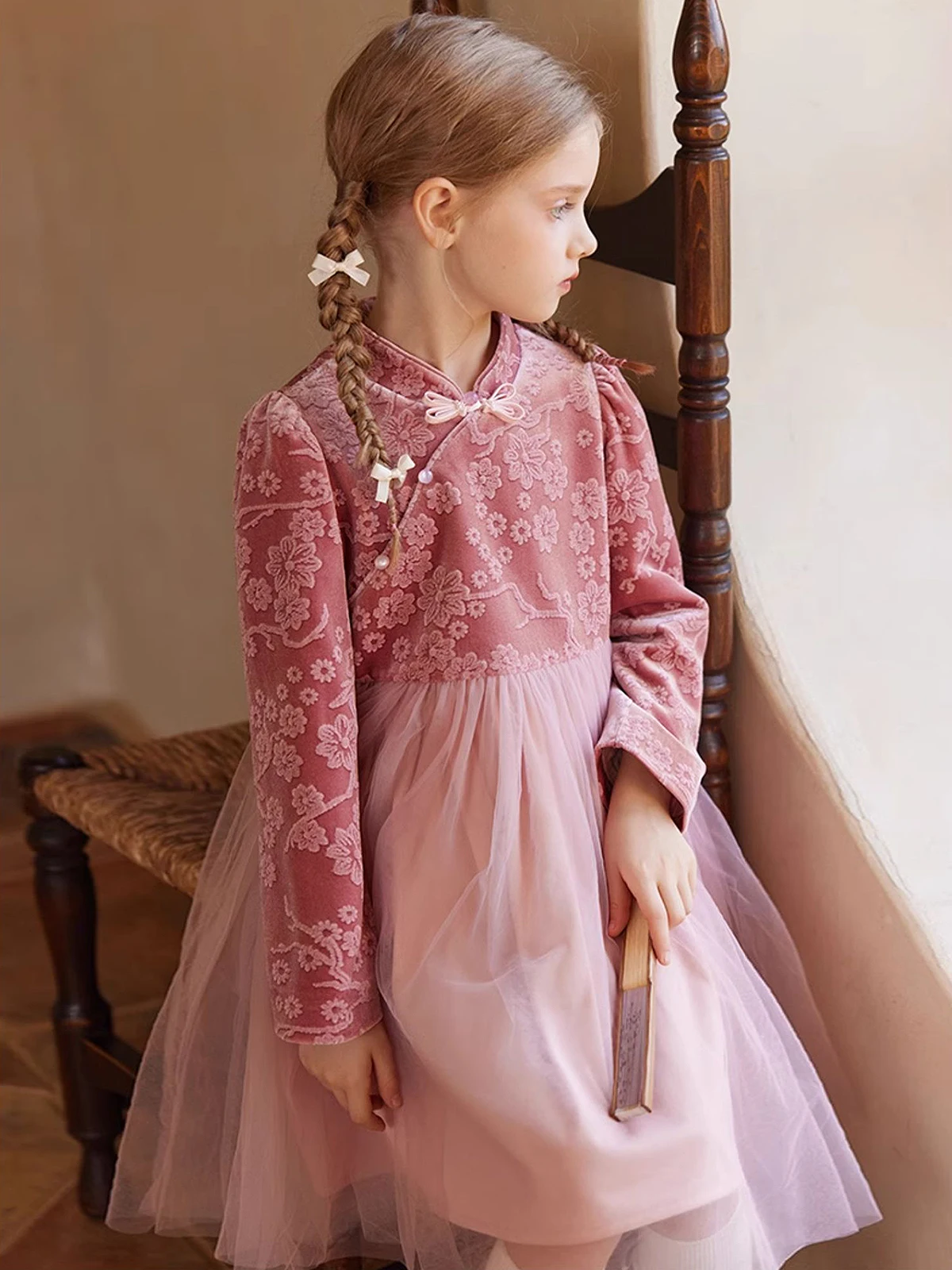 Baby Girls Full Sleeve Dresses Kawaii Pink New Chinese Retro Style Kids Velvet Autumn Winter Children Clothing 110cm 170cm Dress