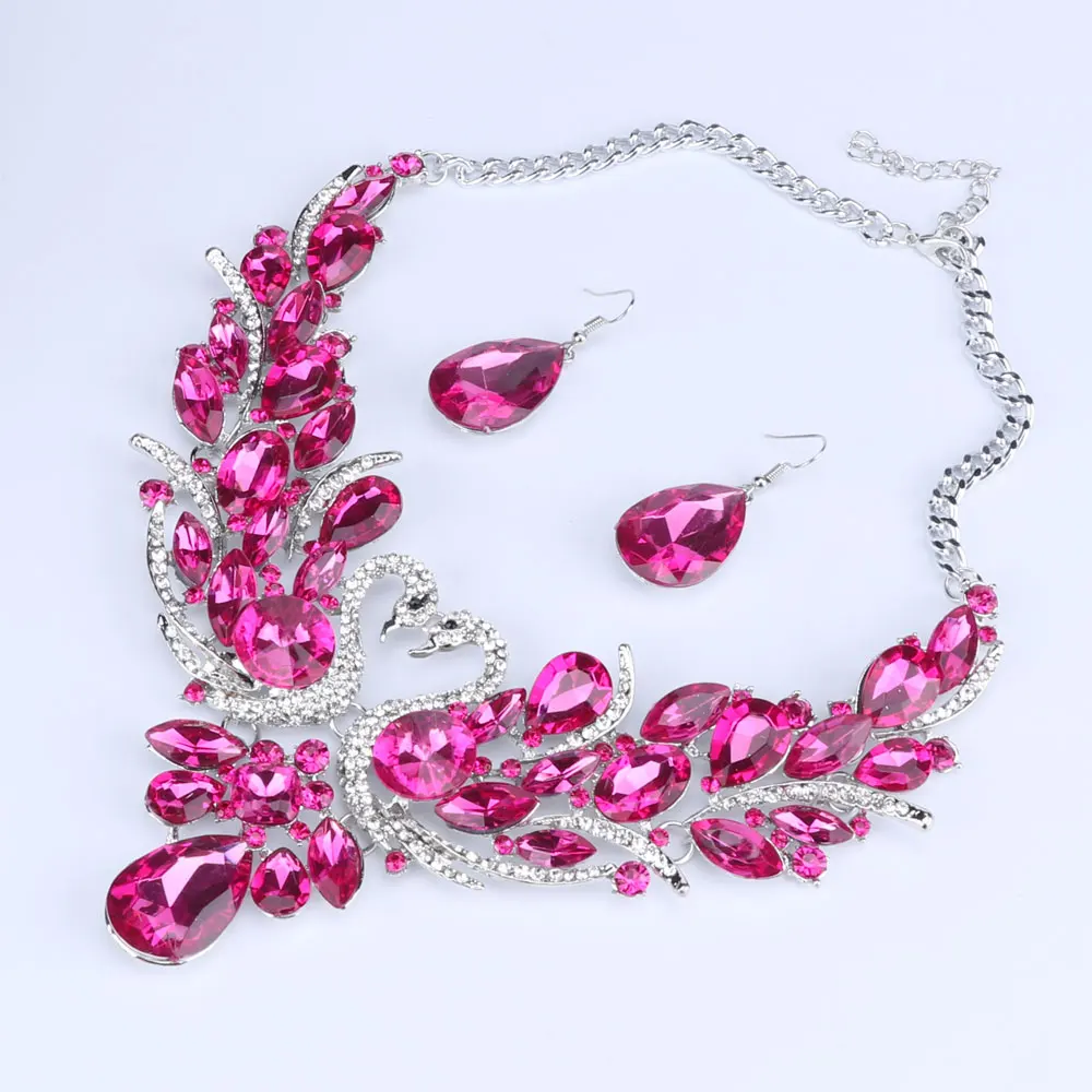 Rose Red Crystal Bridal Jewelry Set For Brides Swan Pendant Necklace Earrings Set Wedding Party Costume Accessories Women