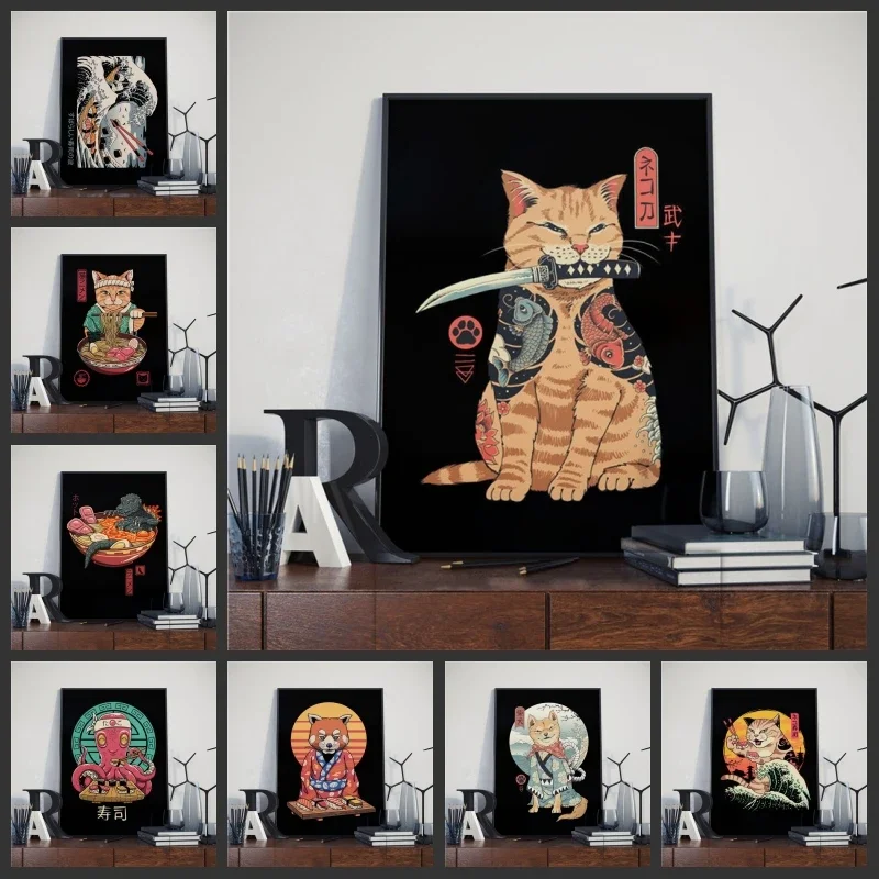 Japanese Samurai Cat Posters and Prints Ramen Nostalgia Quality Cartoon Canvas Paintings Animal Wall Art Pictures for Home De