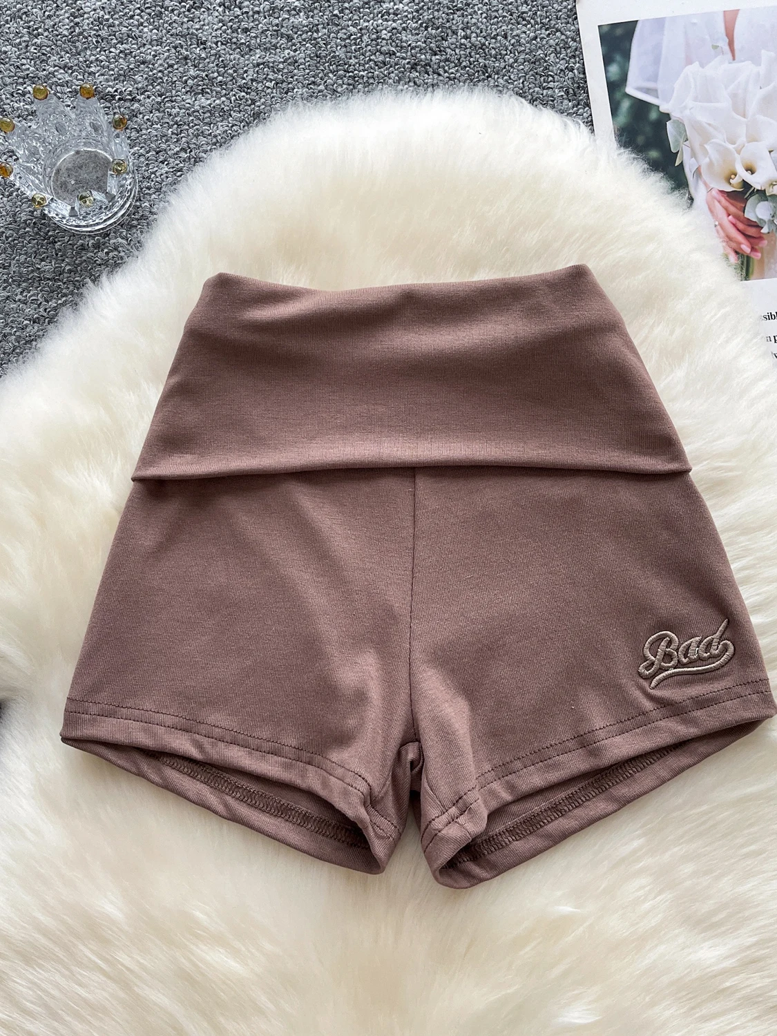 Foamlina Folded High Waist Shorts Women Fashion Solid Letters Embroidery Slim Stretch Tight Shorts Comfortable Workout Shorts