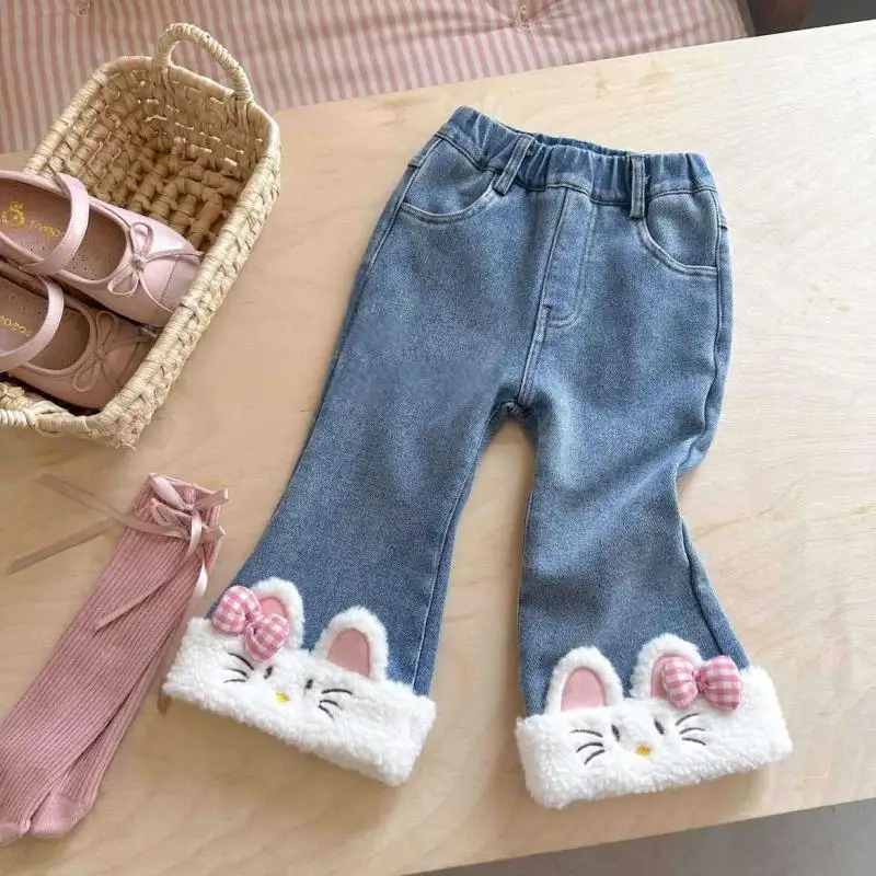 Sanrios Girl Pants Autumn Winter Hello Kittys Child Cowboy Bell Bottoms Children's Clothing Keep Warm Thicken Leisure Trousers