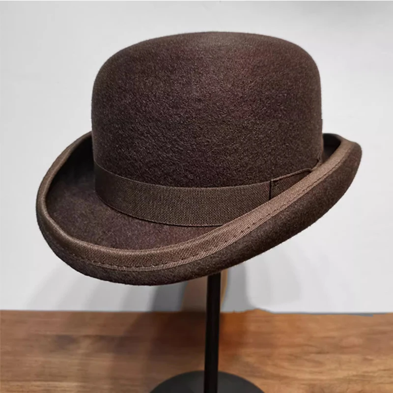 Black/Brown Color 100% Wool Derby Hat For Men Women ,Vintage Costumes Adjustable Fedora Party Bowler Hat Overszie/Big Head