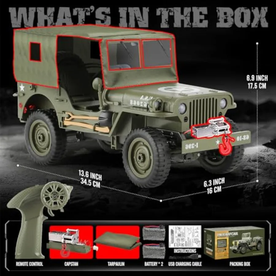 RC Military SUV for off-road use, alloy frame chassis, green, winch and capstan included, opening hood and folding windshield,