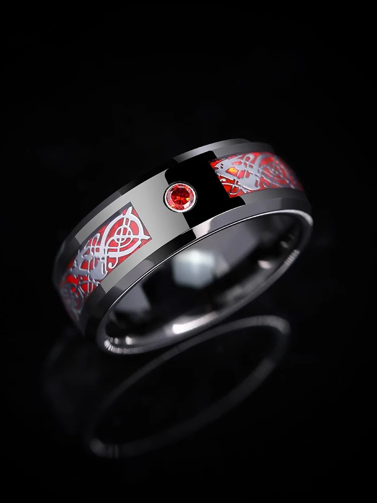 Custom 8mm Width Black Tungsten Ring Inlay Dragon Pattern Carbon Fiber&Red CZ Stone for Boyfriend Gift Size 7-12 Can Engrave