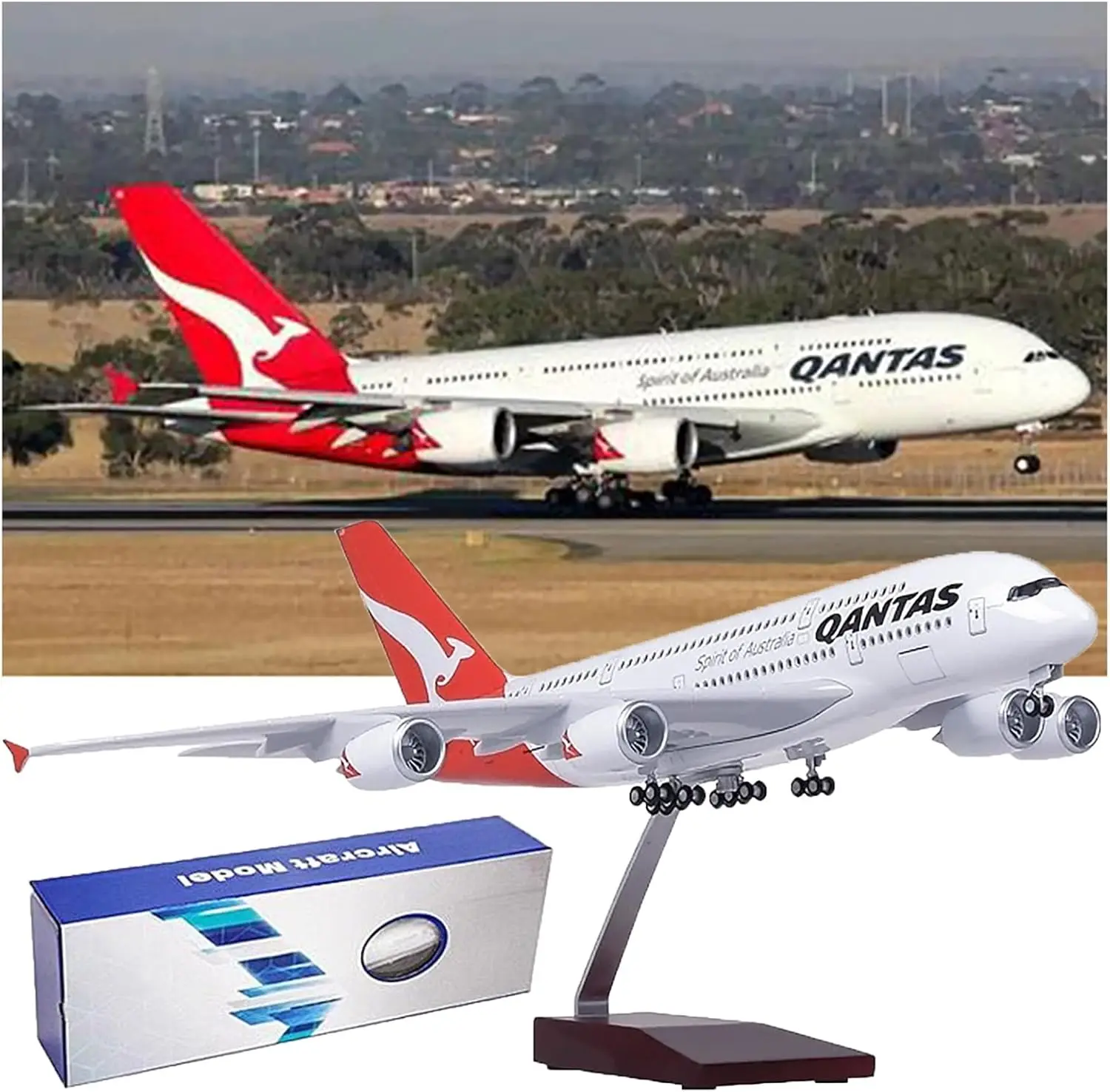 

47CM Scale Qantas Airways A380 Civil Aircraft Models Diecast Plastic Resin Plane Toy With Lights Landing Gear Static Collection