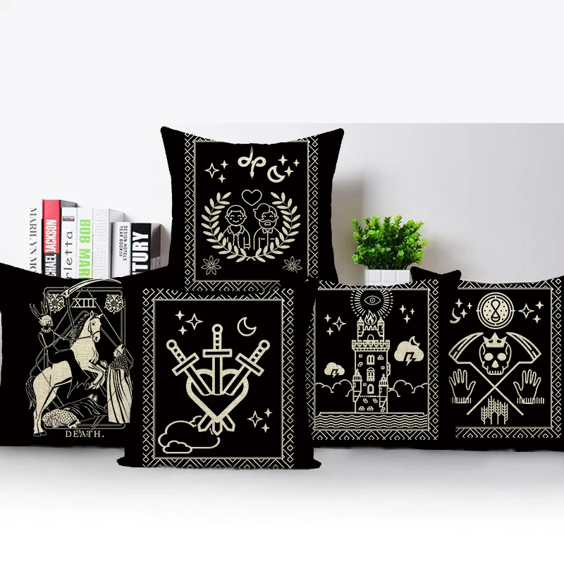 Horror Tarot Cushions Cover Bone Stand Decorative CushionCovers Print Linen Pillows Black and White Portrait Pillows Cases Cojin