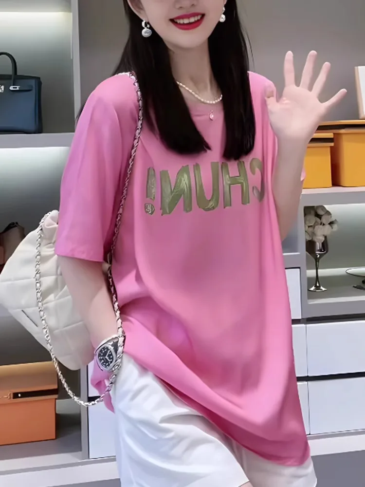 

Женская летняя футболка свободного кроя с круглым вырезом и коротким рукавом, больших размеров, с принтом, утягивающий эффект, европейский и корейский стиль, розовый цвет
