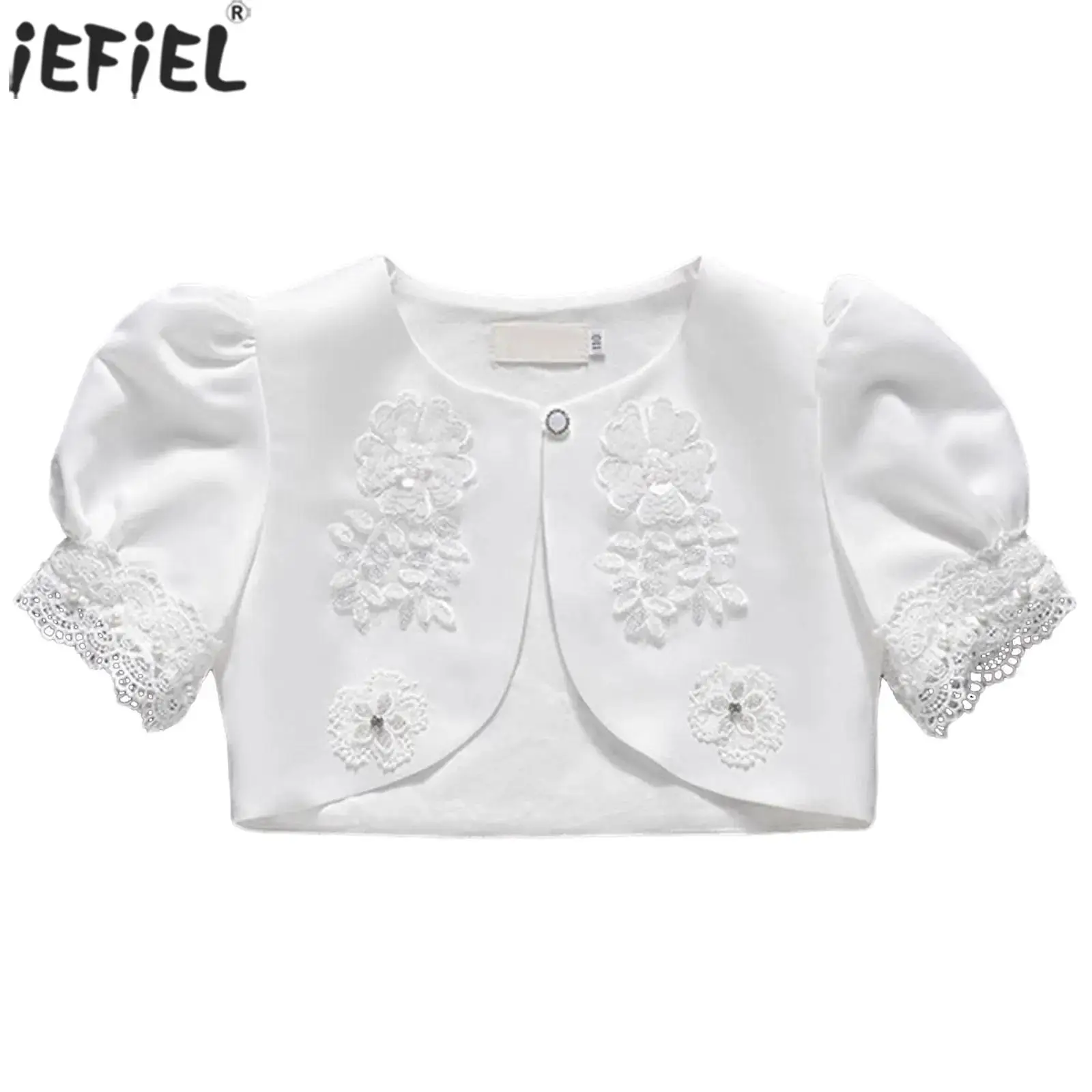 

Teen Girls Formal White Bolero Jacket Coat Lace Flower Short Sleeve Crop Cardigan Shrug Cape Elegant Wedding Party Dress Outwear