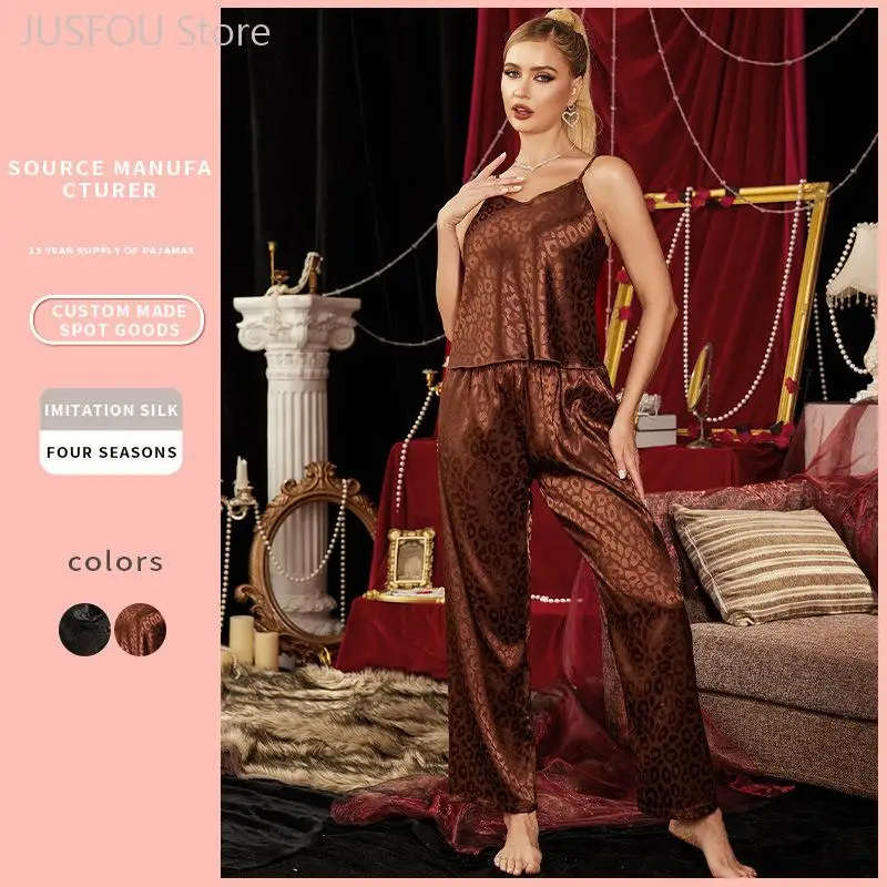 Women European Faux Silk Pajama Set Printed Camisole and Long Trousers Two Piece Elegant Homewear Soft Casual Loungewear