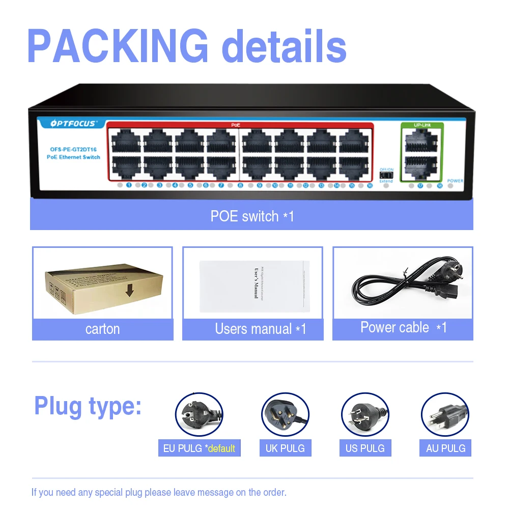 OPTFOCUS PoE 네트워크 스위치, 기가비트 허브 스위치, 16 포트 POE 스위치, 52V, 200W, 802.3AF AT, 10, 100, 1000Mbps