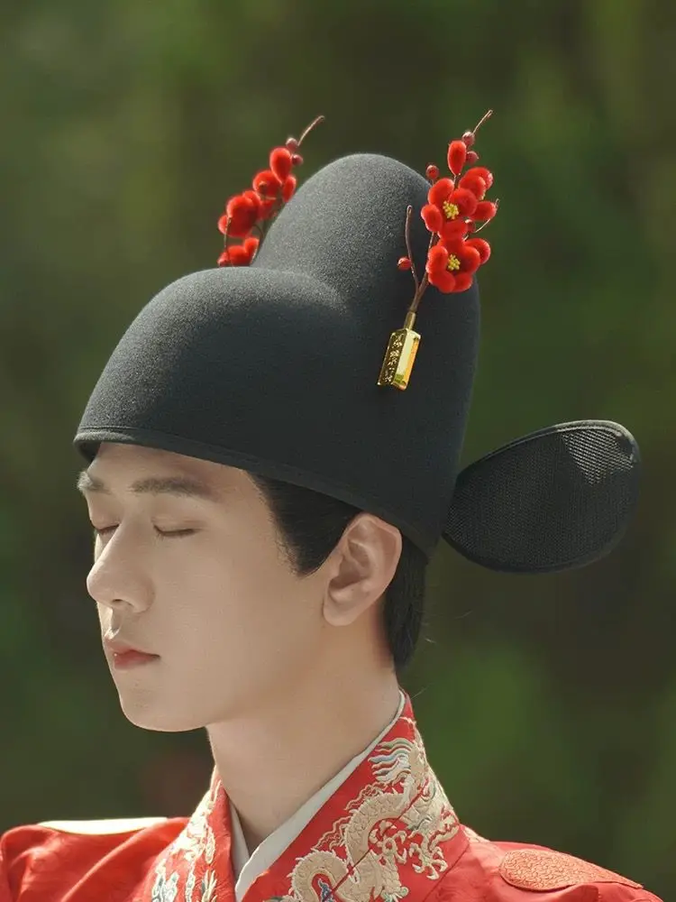 Hanfu Hat Men Ancient Chinese Style Groom Hats Adult Kids Cosplay Black Velvet Flowers Hat Ming Dynasty Hanfu Hat For Men Women