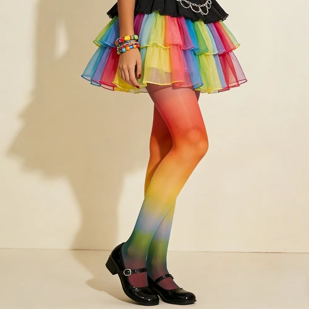 Sweet Seamless Rainbow Pantyhose Breathable Slimming Colorful Stripes Stockings Leggings Elastic Gradient Color Tights Party
