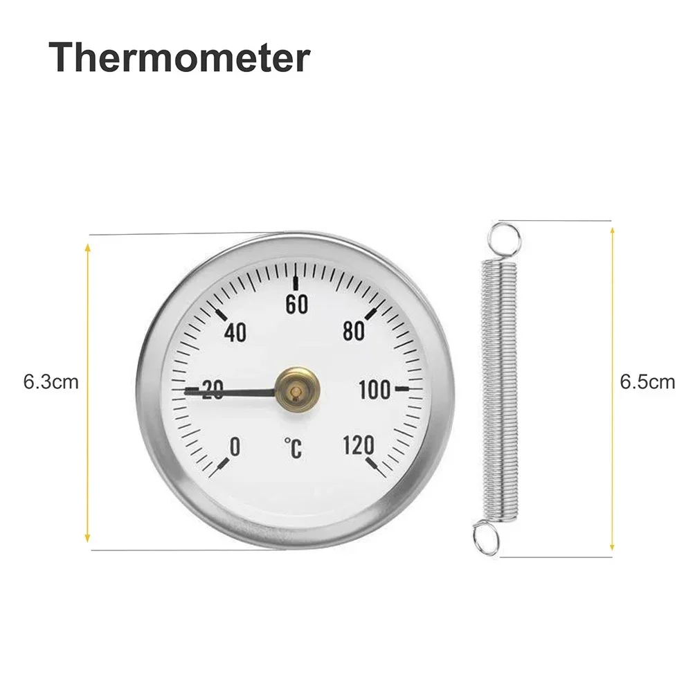 0-120 ℃   Termometro a tubo con morsetto in acciaio inossidabile sulla molla di riscaldamento del tubo Strumento industriale a molla con indicatore di temperatura in metallo da 63 mm