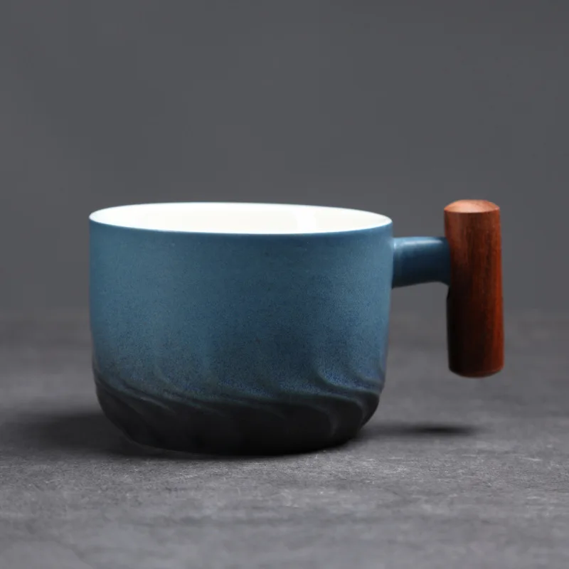 Espresso Cup with Creative Wooden Handle Retro Coarse Pottery Latte Tea Cup Vintage Ceramic Afternoon Tea Cup
