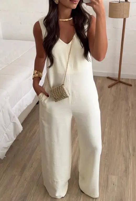 

Loose Women's Jumpsuit Summer Elegant and Simple V-Neck Solid Color Sleeveless Suspender Wide Leg Jumpsuit Suitable for Daily
