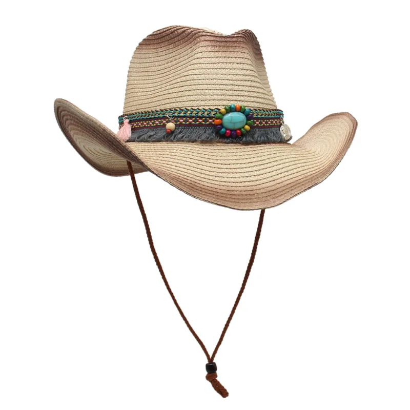 

2023 Spring Summer Ethnic Style Western Straw Cowboy Hat Cross-border Foreign Trade Foldable Wind Proof Rope Tibetan Top Hat