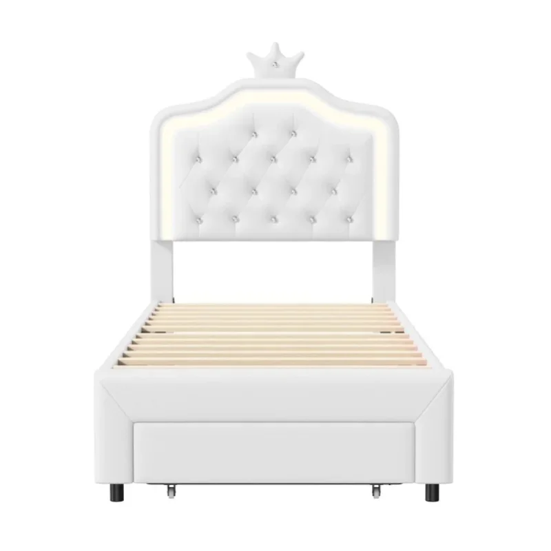 Polsterbett 90x200cm mit LED-Kopfteil, Jugendbett mit Metalllattenrost und 1 Schublade, Einzelbett mit Stauraum, Gästebett, Kinderbett, PU, Weiß/Rosa, ohne Matratze