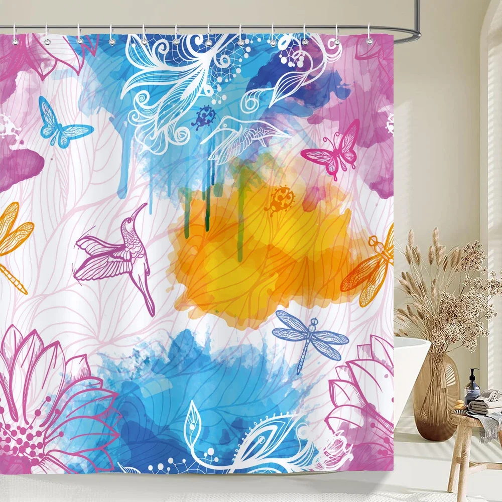 Vibrant Tropical Watercolor Butterfly and Dragonfly Shower Curtain Bathroom Decor Bright Nature Print