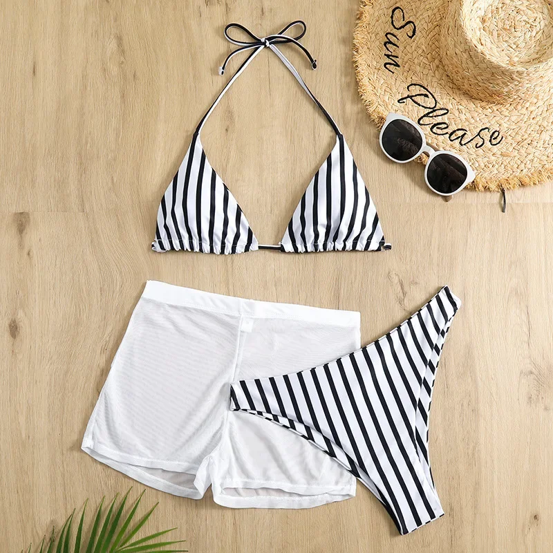 Costume da bagno bikini perizoma a righe da donna con pantaloncini in rete Costumi da bagno da donna Copricostume da spiaggia Costumi da bagno Biquini brasiliano