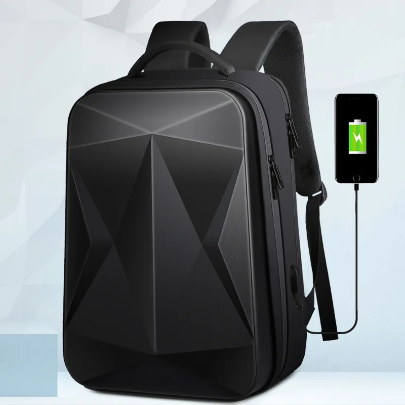 Mochila de concha dura para hombre, bolsa para portátil de negocios de gran capacidad con puerto USB, diseño de rombos, bolsa escolar para estudiantes universitarios de moda