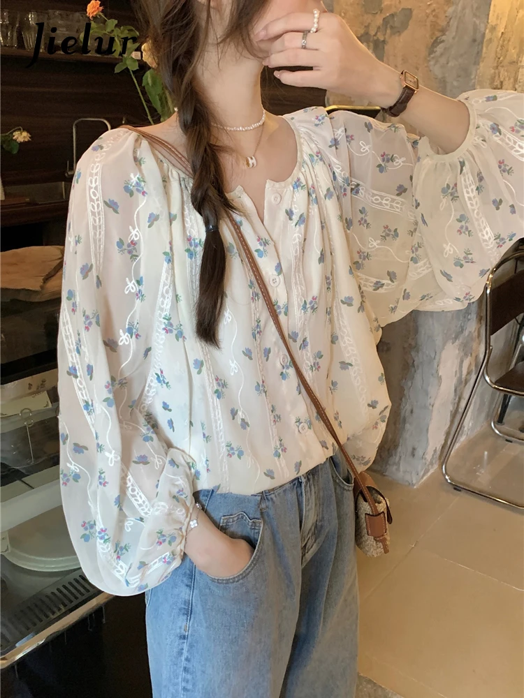 Jielur Summer New Slim Floral Women Shirt Sweet Ladies Casual Fashion Shirt Woman Loose Korean Chic Long-Sleeved Top Female