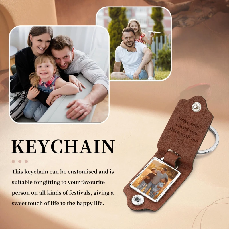 Personalised Leather and Metal Photo Keychain - Custom Engraving Design, A Thoughtful Anniversary Gift for Dad or Him