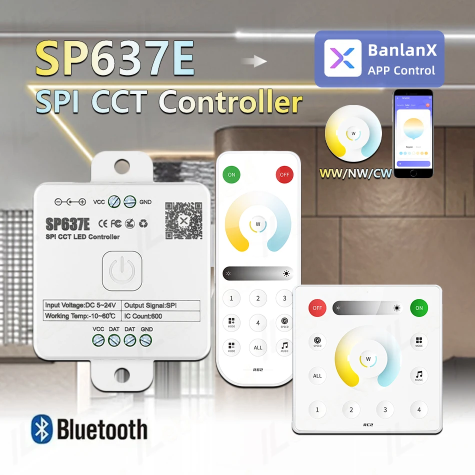 Smart SP637E SPI LED Controller DC 5V 12V 24V 600ICs Addressable Pixel Bluetooth Music Dimmer 2.4G RF 4-Zone Touch Remote Panel