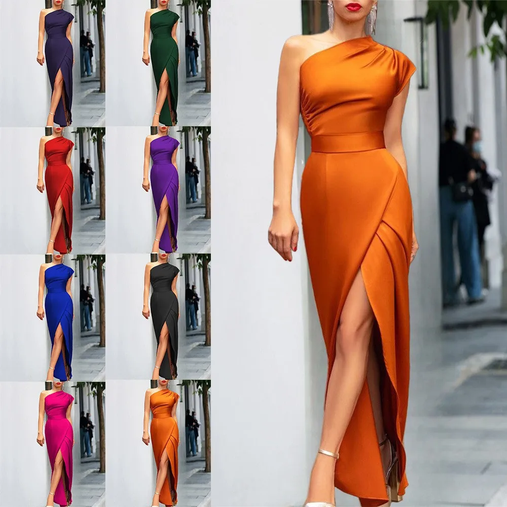 Solid Color Slim Off Shoulder Party Dresses Women Fashion Temperament Folds Slant Collar Bodycon Slit Dress Lady Evening Vestido