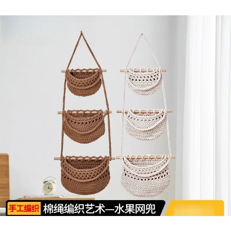 three-layer fruit hanging basket, removable wall-mounted fruit mesh pocket, simple wind-woven bag fruit and vegetable basket