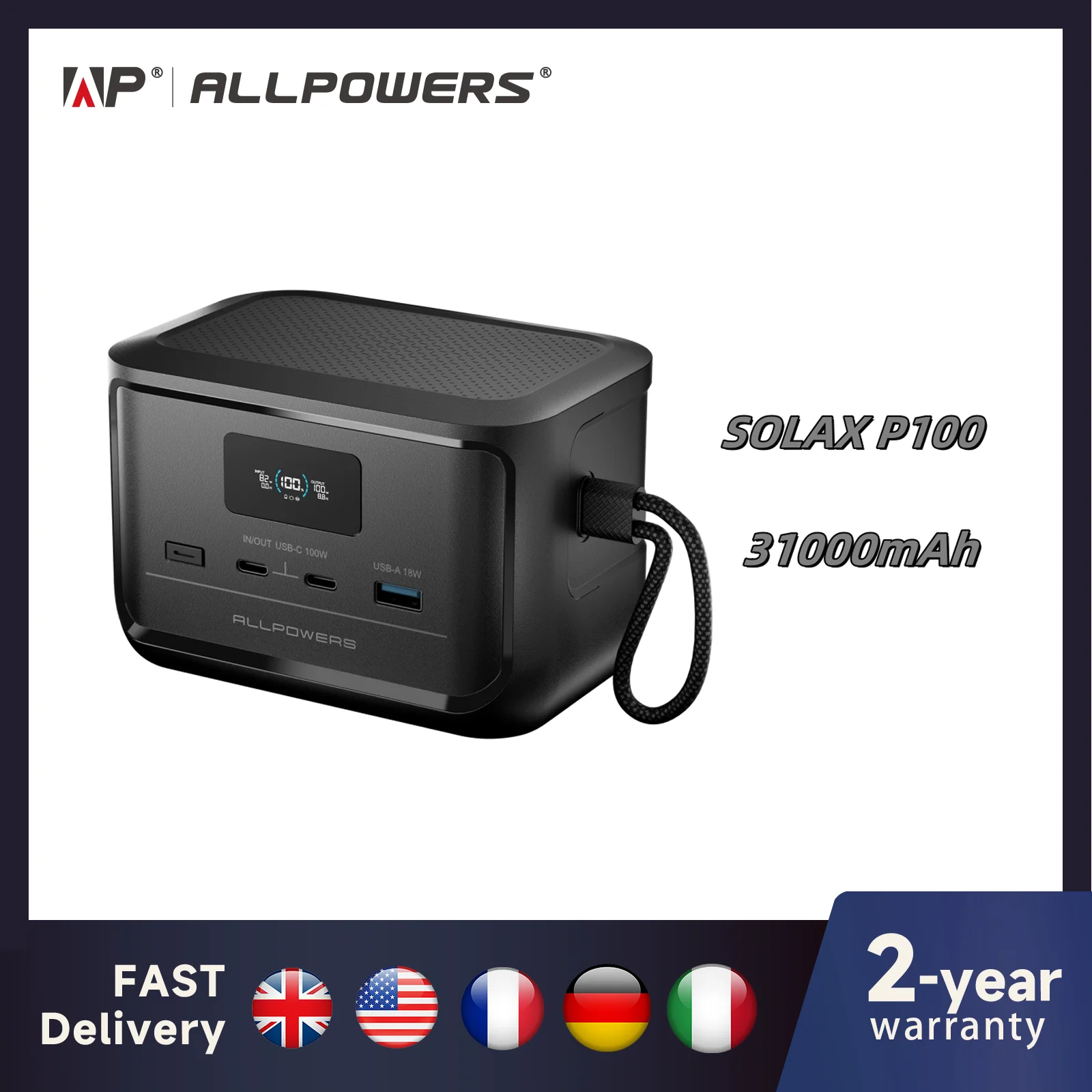 ALLPOWERS SOLAX P100 بنك الطاقة المحمول 99.2Wh 31000mAh LiFePO4 بطارية 128W مخرج USB للتخييم في الهواء الطلق والسفر في حالات الطوارئ #1