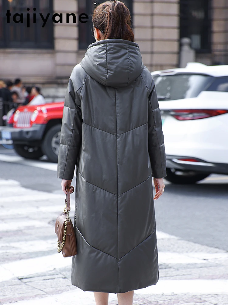 TAJIYANE 100% جلد البقر أوزة أسفل معطف مقنعين طويل سترات من الجلد الحقيقي عالية الجودة سترة منفوخة النساء الملابس الشتوية 2025 П্যাডিং