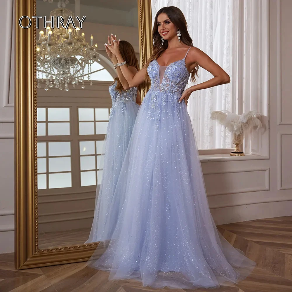 

Elegant Sequined Tulle Beaded Evening Gowns Spaghetti Straps Sweep Train Sleeveless Corset Back Prom Dresses