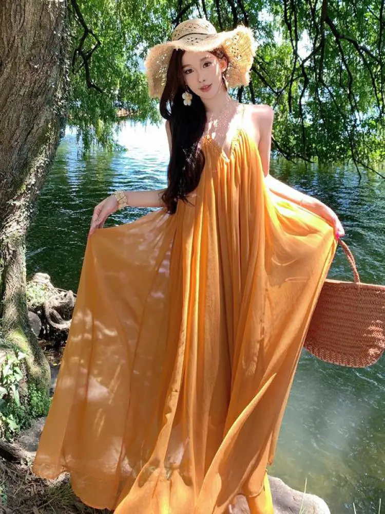 

French Women Ginger Yellow V Neck Elegant Sleeveless Off Shoulder Long Dress Summer Sexy Backless Vacation Pleated Party Dresses