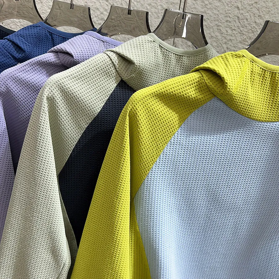 Unisex Mountain-Style Color-Block-Kapuzenpullover – Atmungsaktives Waffelstrick-Langarmshirt für Outdoor-Wanderungen & Radfahren – Detail 10