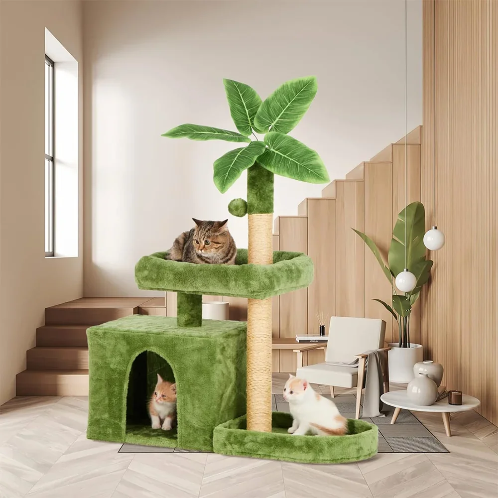 Cat Climber,Cat Tree Tower Green Leaves Cats Condo House With Hang Ball Leaf Shape Design Cat Trees And Scratcher