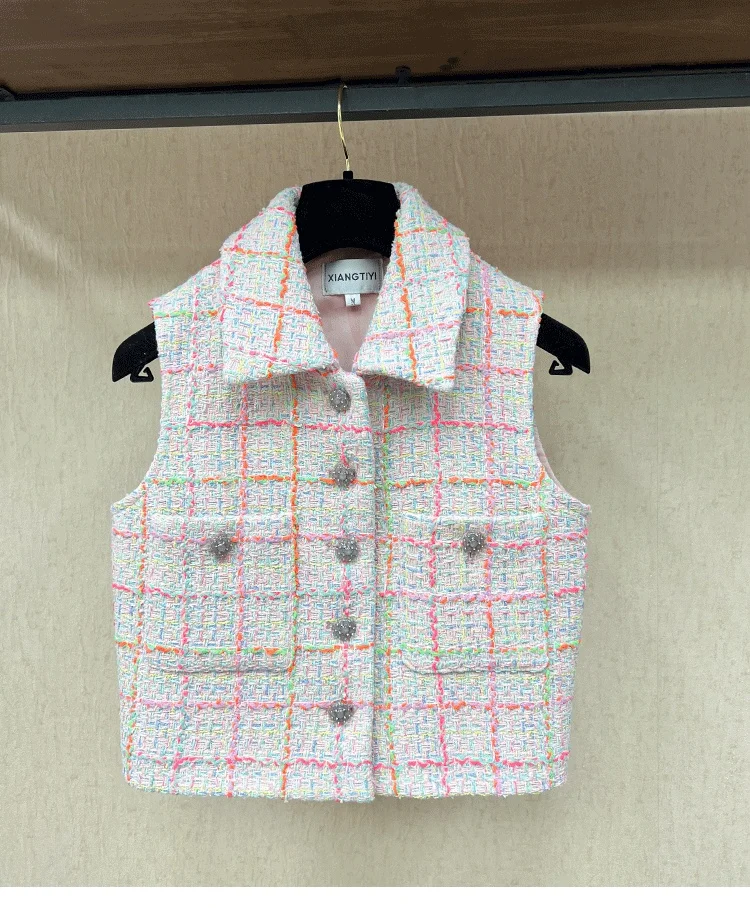 

2024 Spring Korean Style Chic Women's High Quality Plaid Tweed Jackets Elegant Waistcoat Vest Tops C059