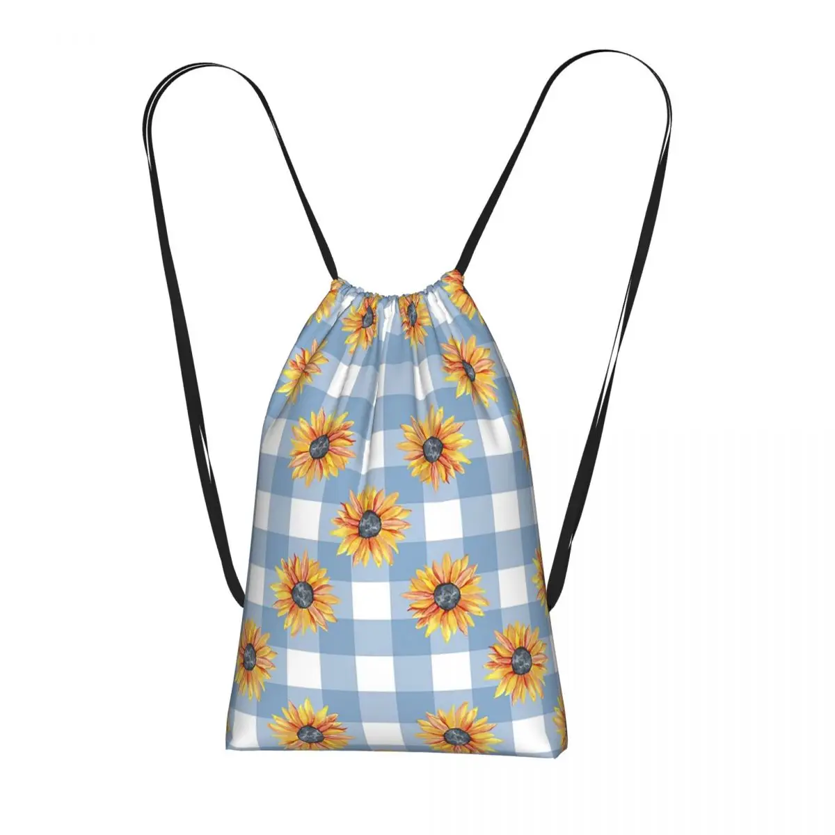 Vibrant Sunflower And Bule Plaid Backpacks Fashion Drawstring Bags Sports Bag Book Bags for Travel Students