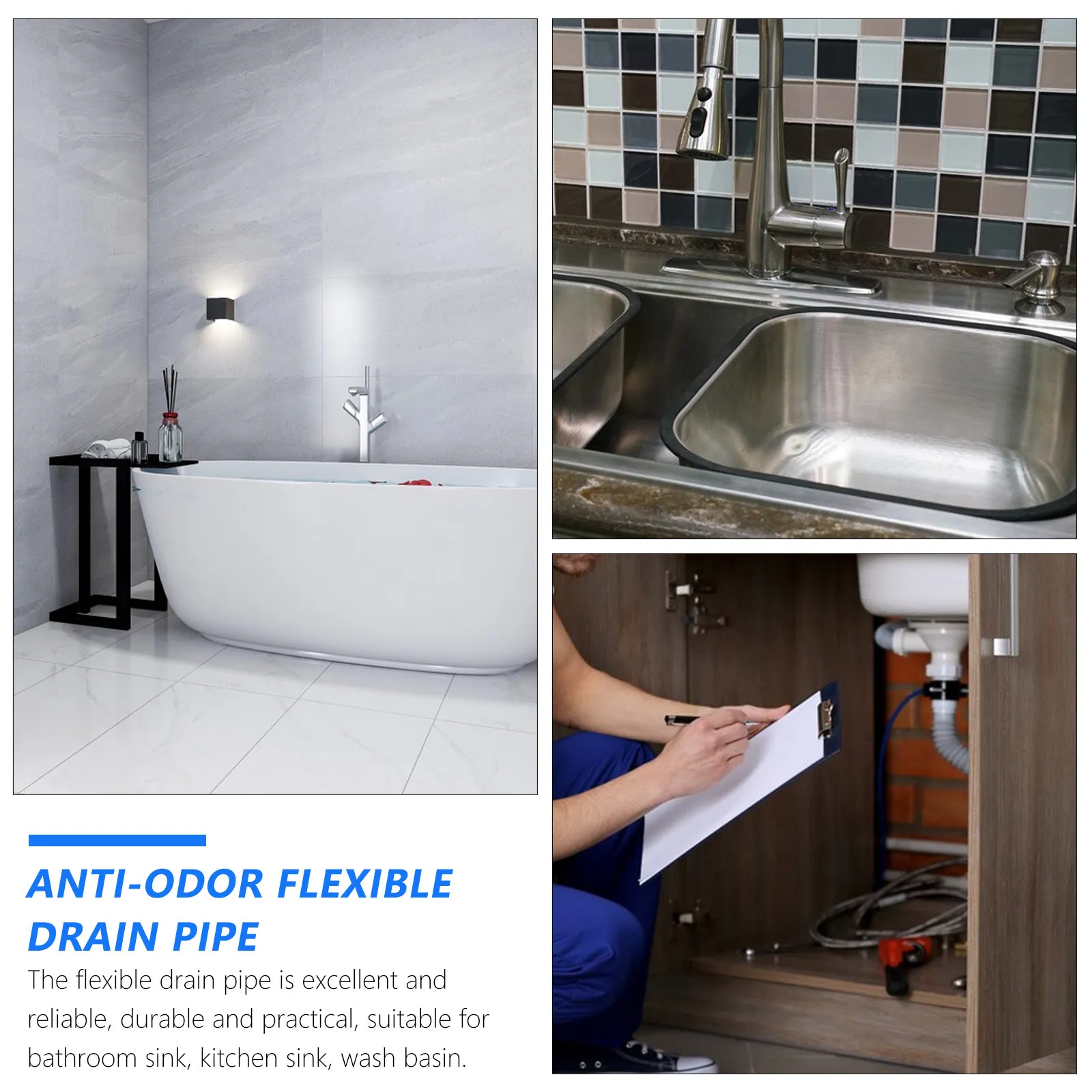 Anti Flexible Drain Pipe Expandable Bathhtub Sink Water Trough Grey Plastic Long Service Life Easy Installation Durability