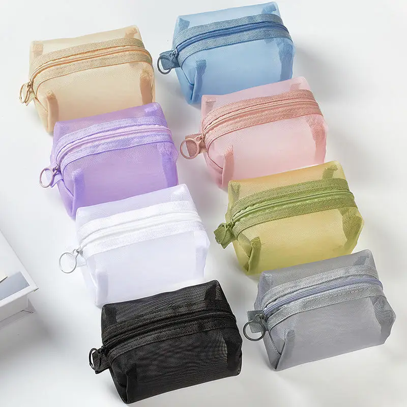 Three-dimensional Square Nylon Mesh Coin Purse Pouch Large Capacity Key Lipstick Earphone Organizer Zipper Bag Light Colored