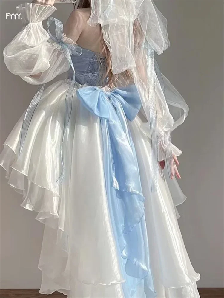 Estilo romântico francês lolita op elegante menina cosplay princesa manga bufante fita laço flor túnica malha fantástico vestido de fadas