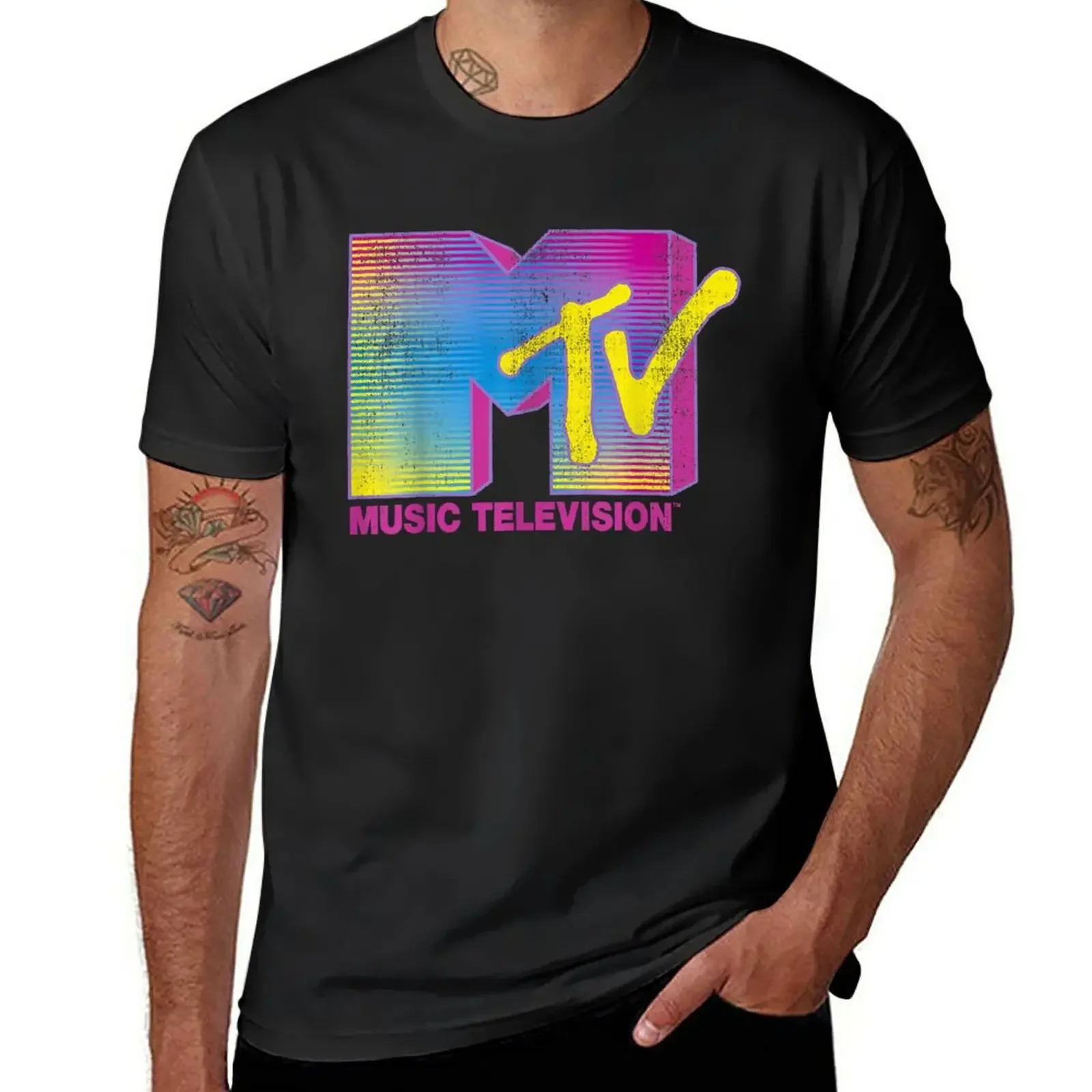 New Mtv distressed fluorescent gradient logo T-Shirt sweat plus size tops custom shirt funny t shirts men