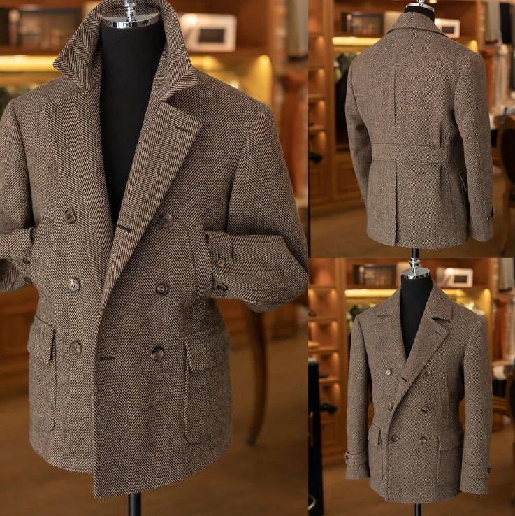 Herringbone Men's Tweed Blazer Overcoat Short Thick Trench Coat Double Breasted Plus Size Formal Casual Wear Winter Warm Jacket