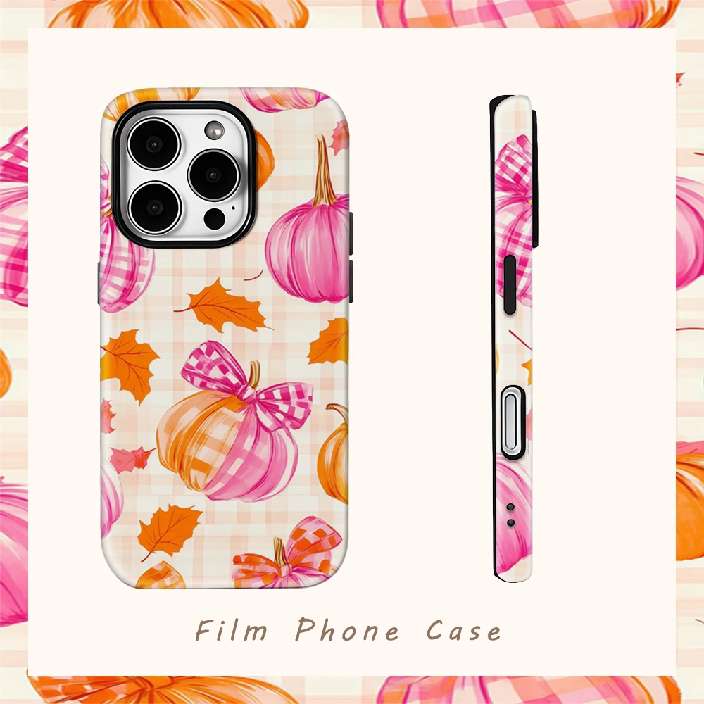 Halloween Rosa Kürbis Plaid Handyhülle für IPhone 16 15 14 13 12 11 X XS XR XSMAX 7 8 Pro Max Plus Doppelschichtige Rückseite