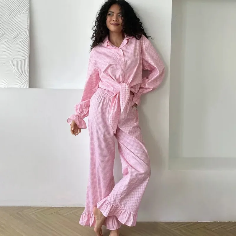 Stylish Women Pink Plaid 2 Piece Outfit, Ruffled Flared Sleeve Shirt Matching Pants, Soft Casual Loungewear Suit