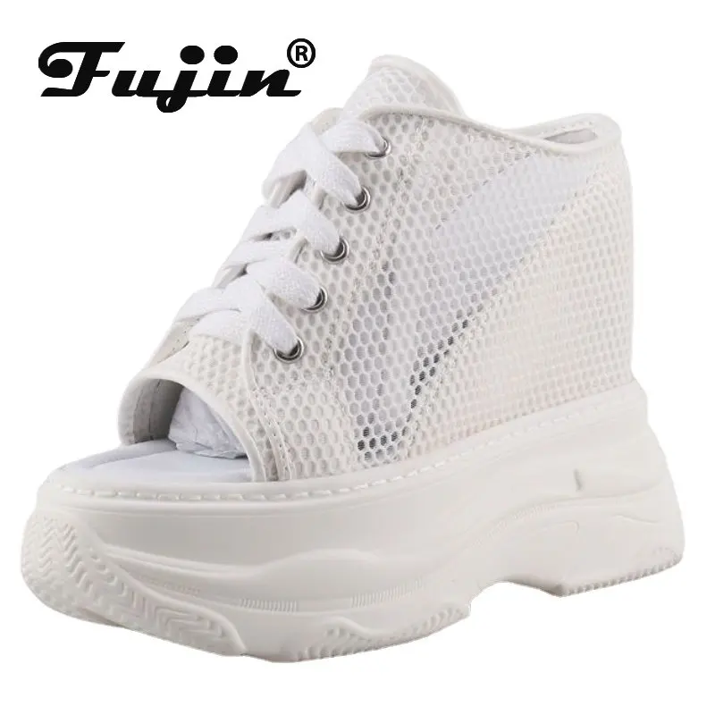 

Fujin 14.5CM Air Mesh Women Sandal Comfy Shoes Fashion Summer Peep Toe Super High Hidden Heel Slippers Breathable Platform Wedge