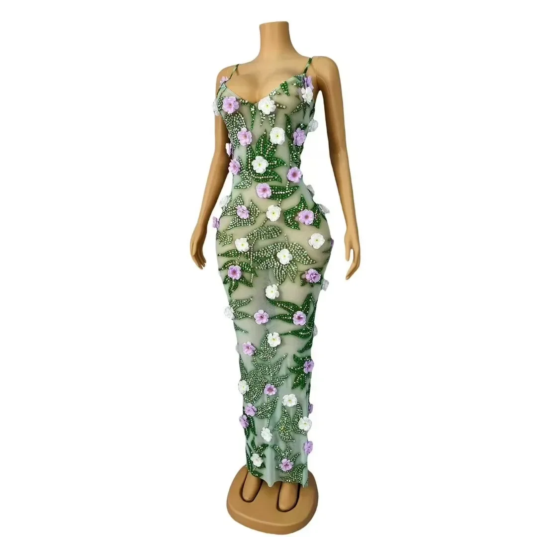 Comemorar aniversário sessão de fotos palco realizar traje vestido de festa à noite feminino sexy palco strass flor vestido sem alças